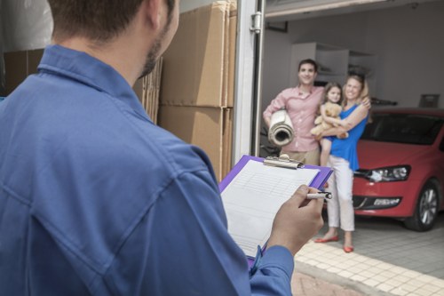 Local movers carrying boxes in a Hammersmith residential street