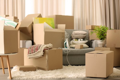 Packed office equipment ready for transport in West London